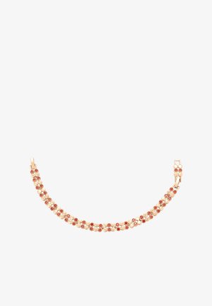 Kultaketju, jossa on vuorotellen pieniä kultapalloja ja punaisia jalokiviä, jotka on linkitetty kukkakuosiin ja suljetaan claspilla.