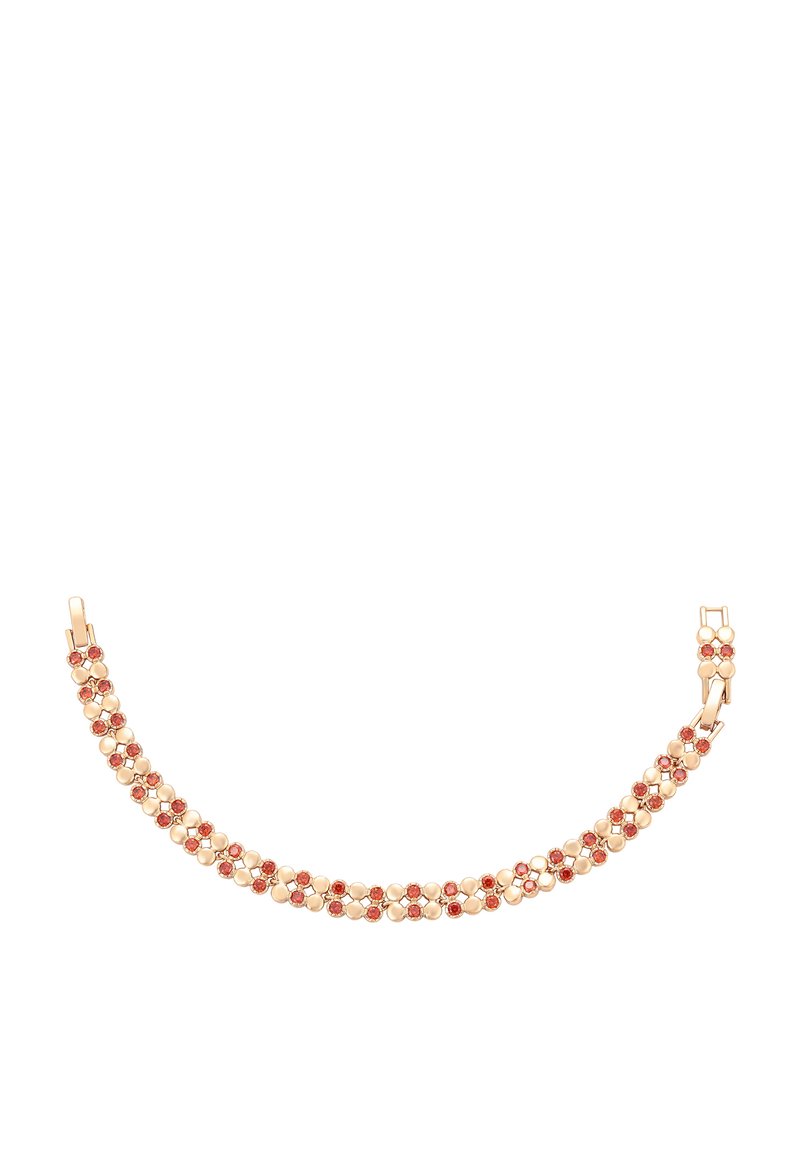 Kultaketju, jossa on vuorotellen pieniä kultapalloja ja punaisia jalokiviä, jotka on linkitetty kukkakuosiin ja suljetaan claspilla.
