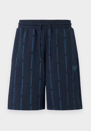 Tmavomodré šortky so sťahovacou šnúrkou, na látke rovnomerne potlačené zvislé svetlomodré logá „EA7 Emporio Armani“.