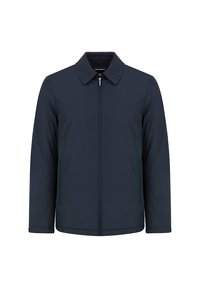 Granatowa kurtka z zamkiem z przodu, kołnierzem i dwoma bocznymi kieszeniami. Charakteryzuje się gładką fakturą i prostym designem, odpowiednia do codziennego noszenia.