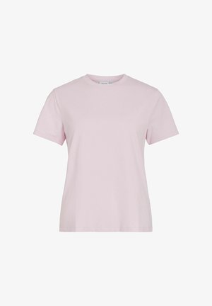 T-shirt rose clair à manches courtes et col rond, coupe décontractée, présenté sur un fond blanc, vue de face.