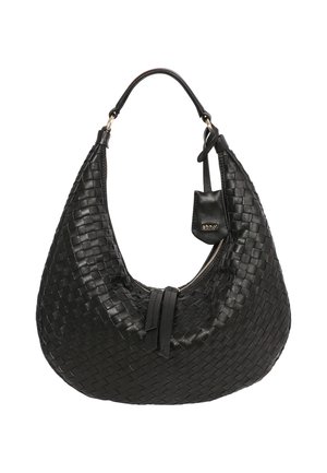 Black woven leather hobo bag with a curved shape, a top handle, and a zippered closure. Features a small attached logo tag.