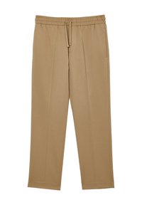 Beige, gerade geschnittene Hose aus glattem Stoff. Verfügt über einen elastischen Bund mit Kordelzug und zwei Seitenaschen.