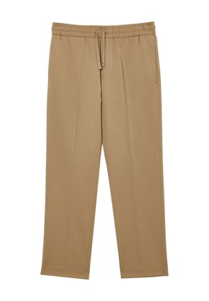 Pantaloni beige a taglio dritto realizzati in un tessuto liscio. Presentano una vita elastica con cordino e due tasche laterali.