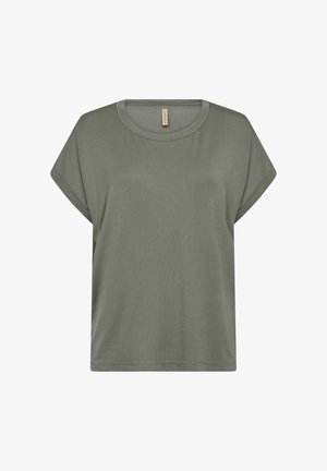 Grøn ribbet t-shirt med afslappet pasform, rund halsudskæring og korte ærmer. Blød stoftekstur uden synlige mønstre eller detaljer.