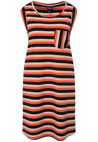 Gestreiftes ärmelloses Kleid mit horizontalen Streifen in Orange, Schwarz, Weiß und Grau, mit einer Brusttasche im passenden Muster.