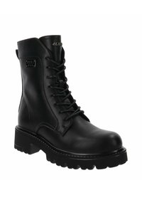 Bottine en cuir noir à lacets, avec une semelle en caoutchouc épaisse, un logo sur le côté et une texture lisse. Dotée de coutures renforcées.