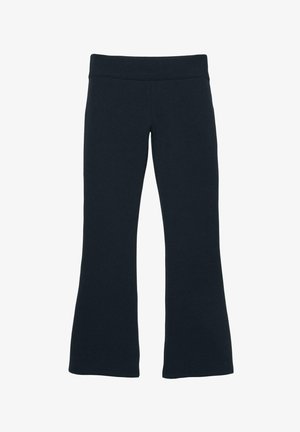 Pantaloni negri evazați dintr-un material moale, cu talie netedă și fără buzunare vizibile. Prezintă o croială lejeră pe lungimea picioarelor.