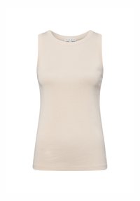 Top senza maniche beige realizzato in morbido cotone. Presenta un colletto rotondo e una silhouette aderente, con bordi puliti e un design minimalista.