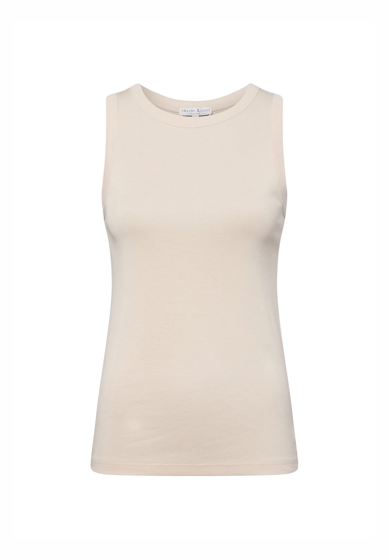 Top senza maniche beige realizzato in morbido cotone. Presenta un colletto rotondo e una silhouette aderente, con bordi puliti e un design minimalista.