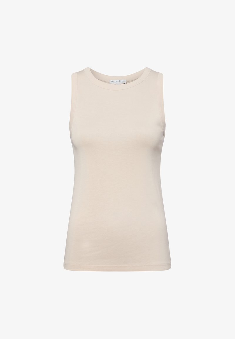 Top senza maniche beige realizzato in morbido cotone. Presenta un colletto rotondo e una silhouette aderente, con bordi puliti e un design minimalista.