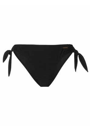 Zwarte bikini onderkant van een gestructureerde stof, met strikjes aan beide zijkanten. Het ontwerp is minimalistisch en toont een klassieke, slanke vorm.
