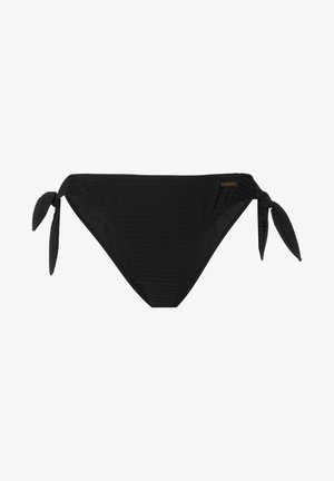 Zwarte bikini onderkant van een gestructureerde stof, met strikjes aan beide zijkanten. Het ontwerp is minimalistisch en toont een klassieke, slanke vorm.