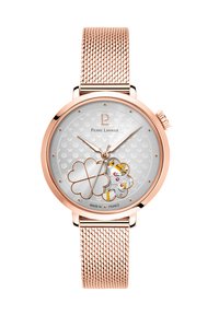 Damklocka med en silverfärgad urtavla med en dekorativ blomelement, bezel i roséguld och mesharmband. Utsmyckad med guldiga detaljer och en strukturerad yta.