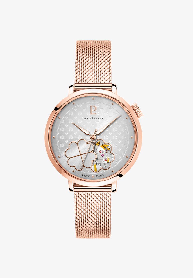 Orologio da donna con quadrante argento e elemento floreale decorativo, lunetta in oro rosa e cinturino a rete. Decorato con dettagli dorati e superficie testurizzata.