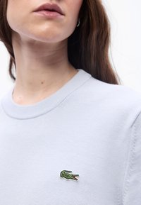 Κοντινό πλάνο ενός ατόμου που φοράει ανοιχτό μπλε πουλόβερ με μικρό πράσινο λογότυπο κροκοδείλου στο στήθος, με κλειστά χείλη και μακριά καστανά μαλλιά ορατά.