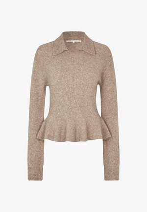 Beige gestrickter Pullover mit Kragen, langen Ärmeln und einem Peplum-Saum. Weiche Textur mit einem dezenten melierten Muster.