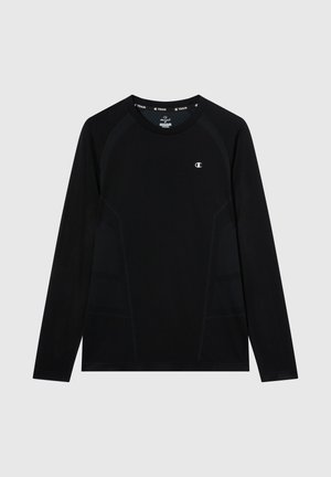 Black long-sleeve athletic shirt with small white "C" logo on left chest, crew neck, and mesh panel details on sides and shoulders.