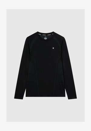 Black long-sleeve athletic shirt with small white "C" logo on left chest, crew neck, and mesh panel details on sides and shoulders.