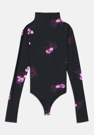 Long-sleeve bodysuit in black cotton featuring a high neck and purple floral print, showcasing an elegant silhouette and snug fit.