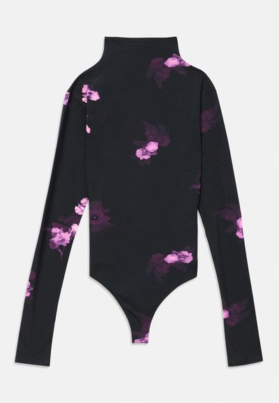 Long-sleeve bodysuit in black cotton featuring a high neck and purple floral print, showcasing an elegant silhouette and snug fit.