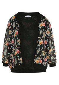 Zwarte doorschijnende cardigan in kimono-stijl met bloemen in roze, geel en groen, en effen zwarte boorden en randafwerking.