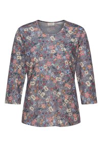 Blusenshirt mit langen Ärmeln aus grauem Stoff und runder Halslinie. Wird von einem lebhaften Muster aus mehrfarbigen Blumen und Schmetterlingen geziert.