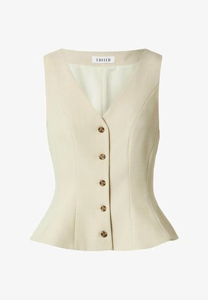 Mouwloos beige op maat gemaakte vest met V-hals, vijf bruine knopen aan de voorkant en een licht uitlopende zoom.