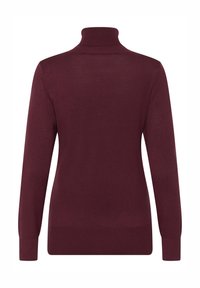 Burgundy turtleneck-svettari, jossa on pitkät hihat, pehmeästä kankaasta valmistettu, sovitettu siluetti ja ribattuja kaula-aukko ja hihat.