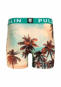 Boxer-briefs pour hommes avec une ceinture en teal. Graphique de palmier tropical sur un fond clair. Tissu doux et extensible avec un design ajusté.