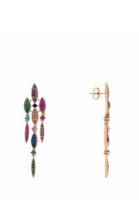 Gold-tone drop earrings featuring an elongated design with multicolored gemstones including green, blue, purple, and pink, set in a stone accent pattern.