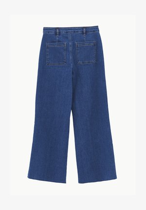 Vue arrière d'un jean en denim bleu à jambes larges avec deux poches carrées appliquées et des passants de ceinture sur la taille.