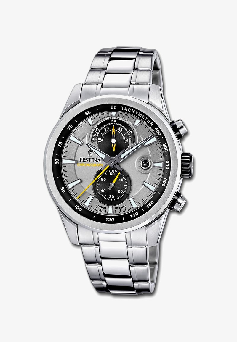 Montre chronographe Festina argentée avec tachymètre, deux cadrans noirs, guichet de date, aiguille des secondes jaune, et bracelet à maillons en acier inoxydable.