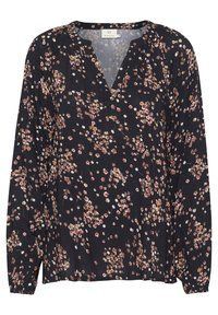 Blouse noire à manches longues avec un motif floral en rose et blanc. Col en V avec détails froncés aux épaules et poignets élastiques.