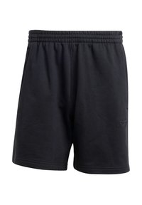 Schwarze Baumwollshorts mit einem elastischen Bund, die eine strukturierte Oberfläche und ein dezentes Logo-Detail am unteren linken Bein aufweisen.