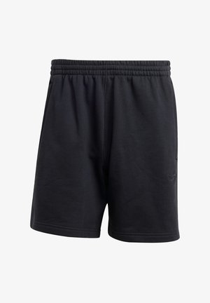 Black cotton shorts with an elastic waistband, featuring a textured finish and a subtle logo accent on the lower left leg.