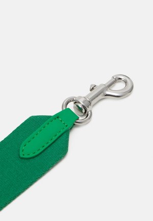Green fabric strap attached to a silver metal swivel snap hook clasp on a white background.