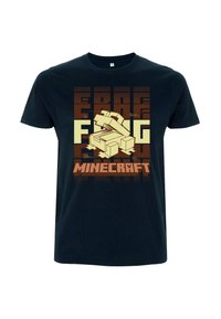 Černé bavlněné tričko s grafickým designem se světle žlutými a hnědými bloky a textem označeným "MINECRAFT" v pixelovém stylu.