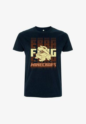 Zwarte katoenen t-shirt met een grafisch ontwerp met lichtgele en bruine blokken en tekst, gelabeld "MINECRAFT", in een pixelachtige stijl.