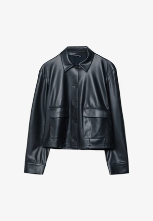 Black leather jacket with a collared neckline, button closure, and two front pockets. Features a smooth texture and cropped design.