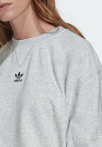 Ljusgrå sweatshirt i bomullsblandning. Har insydda ärmar och ribbad krage. Svart Adidas-logotyp på bröstet. Mjuk textur.