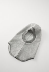 Gray wool balaclava with a round face opening. Soft, textured surface and ribbed knit edges for a secure fit.
