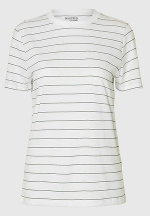 Valkoinen lyhythihainen t-paita, jossa on ohuita mustia vaakasuoria raitoja, pyöreä pääntie ja pehmeä puuvillamateriaali. Yksinkertainen, klassinen muotoilu.