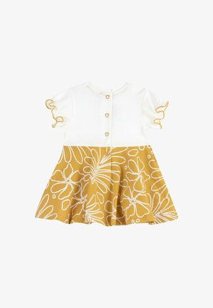 Vestido blanco para bebé con mangas cortas abullonadas y falda con estampado floral amarillo, con botones en forma de corazón en la parte trasera.