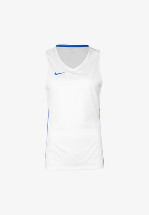 Maillot de sport sans manches blanc avec bordure bleue et un petit logo Nike bleu en forme de virgule sur le haut gauche de la poitrine.