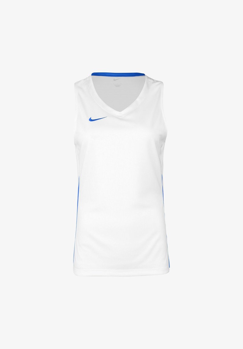 Maillot de sport sans manches blanc avec bordure bleue et un petit logo Nike bleu en forme de virgule sur le haut gauche de la poitrine.