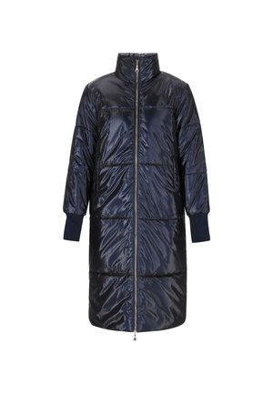 Marineblauer Puffer-Mantel mit hohem Kragen, Reißverschluss und ärmellangen Ärmeln. Verfügt über einen glatten, glänzenden Stoff und gerippte Bündchen.