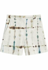 Shorts en lin avec une base crème claire, présentant des motifs tie-dye multicolores en bleu, marron et vert. Comprend deux poches latérales et un bouton à l'avant.