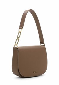 Brown faux leather handbag with a curved shape, gold hardware accents, and a flat front flap. Features a long strap with a chain link detail.
