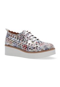 Lace-up shoes featuring a multicolored, reflective mosaic pattern and a white, chunky platform sole. Scalloped edges on the collar.